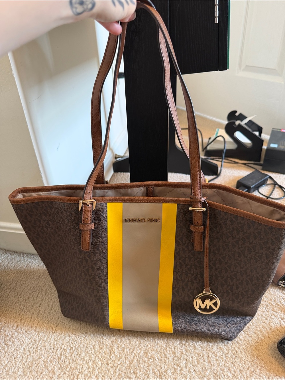 Michael Kors Brown Tote with Yellow and Gray Center Stripe